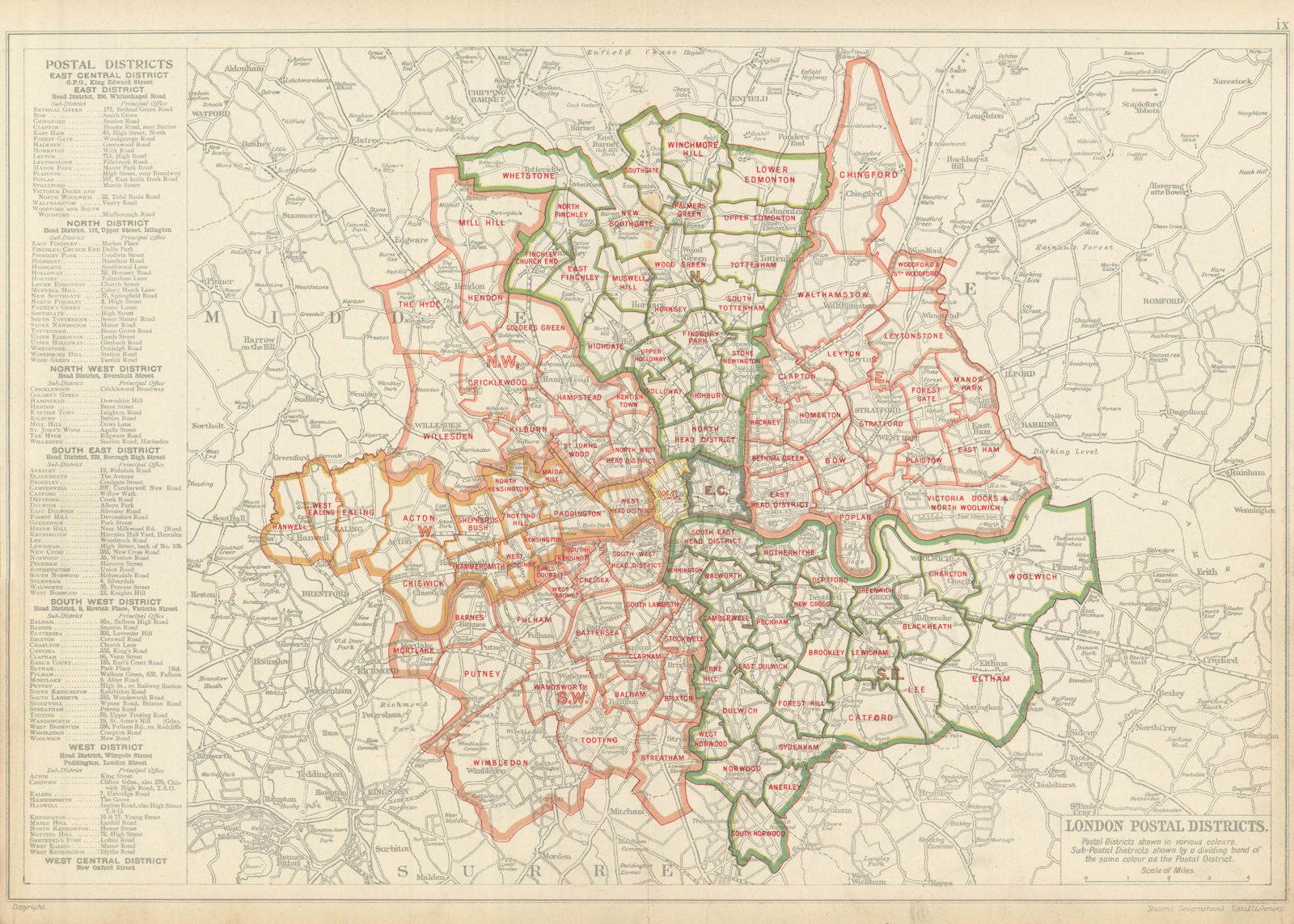 LONDON POSTAL DISTRICTS. Post code areas. N NW W SW SE E. BACON 1913 old map
